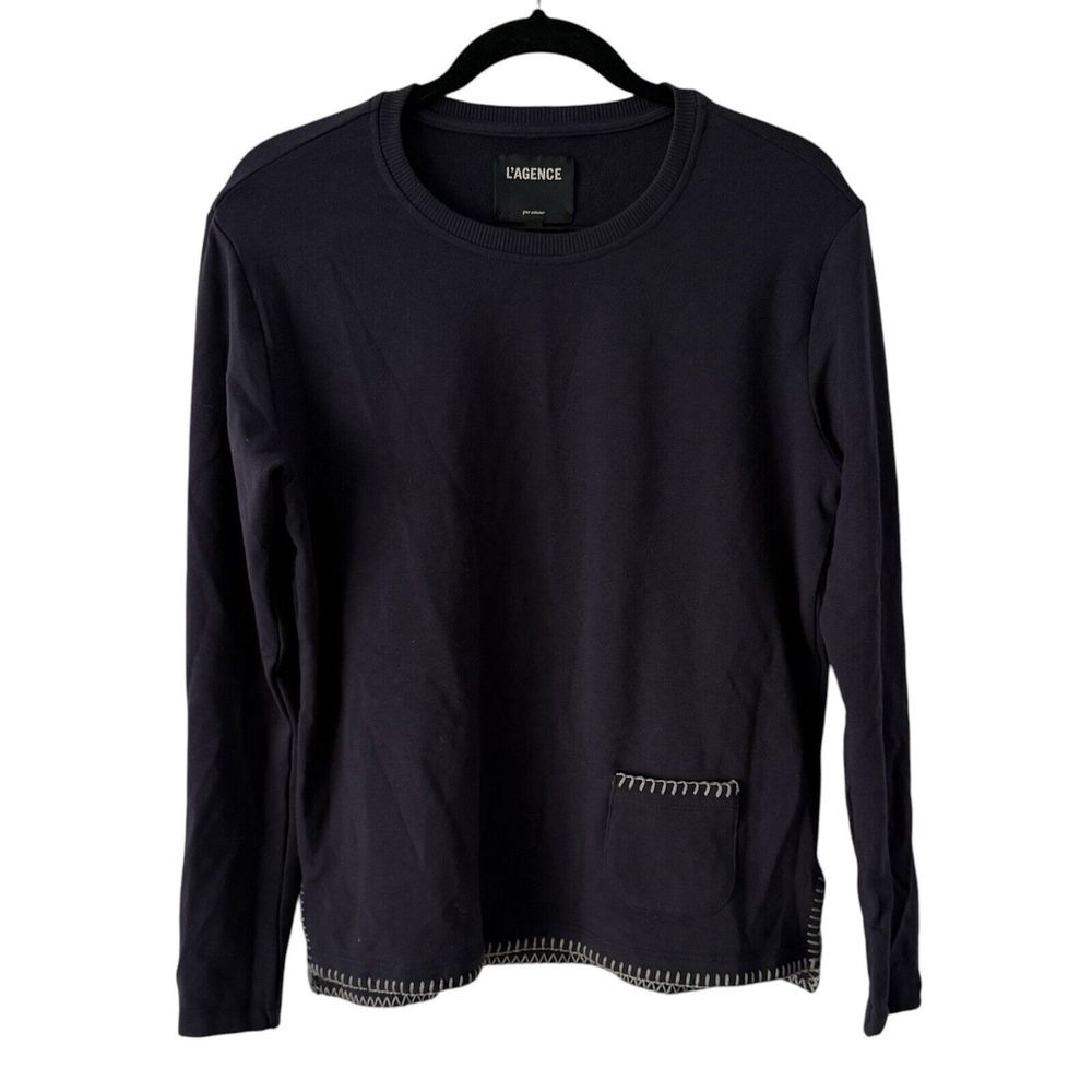 L'Agence Christy Split Hem Long Sleeve Embroidered Sweatshirt Medium Midnight - Picture 2 of 6